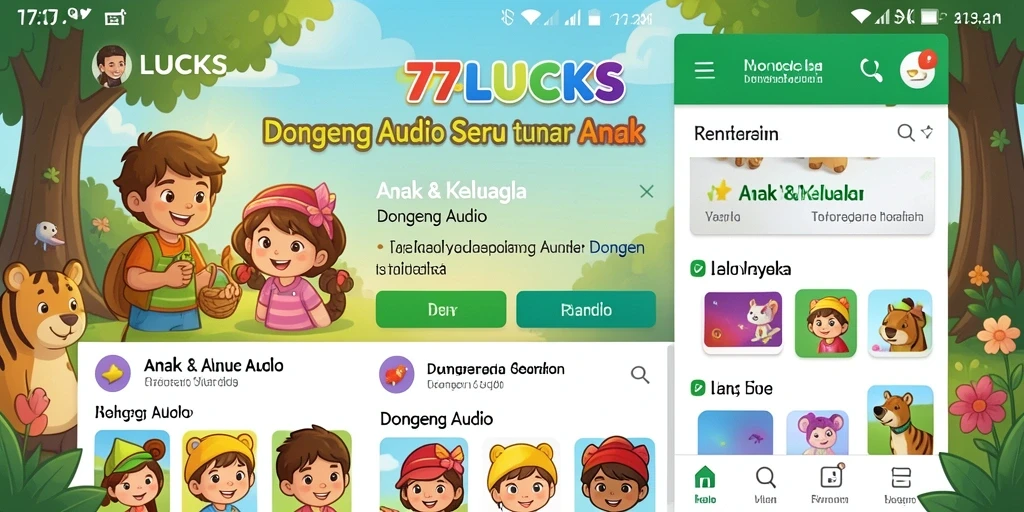 Antarmuka pengguna <strong>77LUCKS</strong> yang ramah anak dengan pilihan cerita menarik.