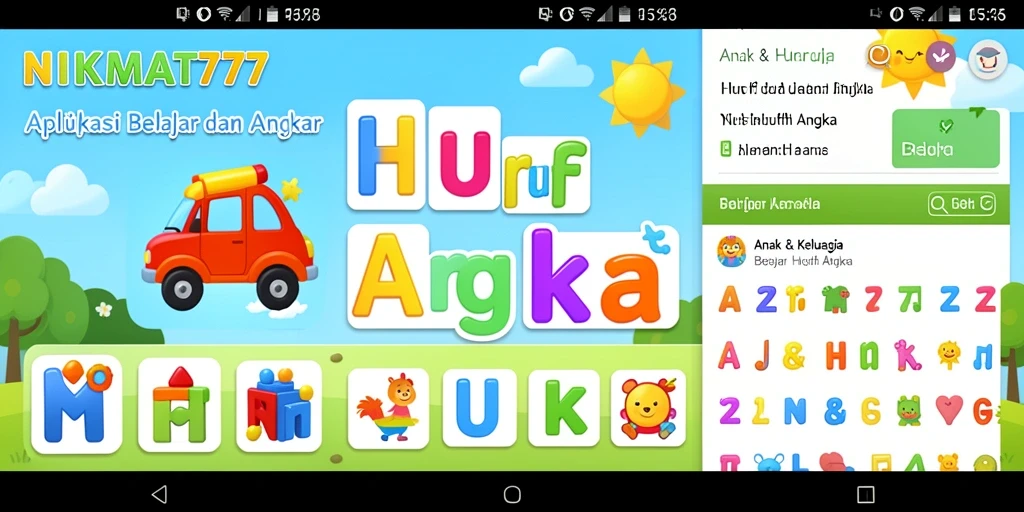Antarmuka ceria NIKMAT777 untuk belajar huruf dan angka.