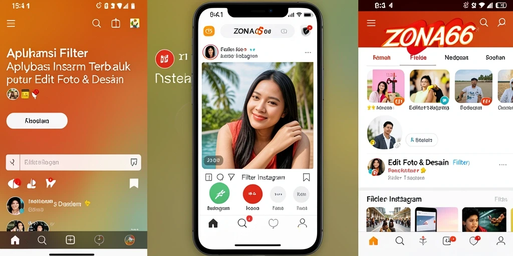 Antarmuka aplikasi ZONA66 menampilkan variasi filter Instagram yang menarik.